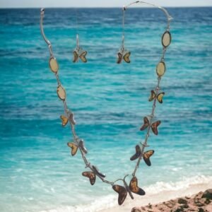 Gargantilla y aretes de plata 925 con mariposas de ámbar